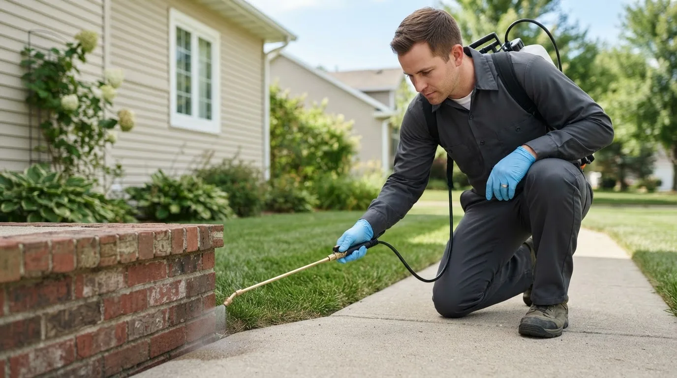 Pest control technician treating a home near Worthington, MO