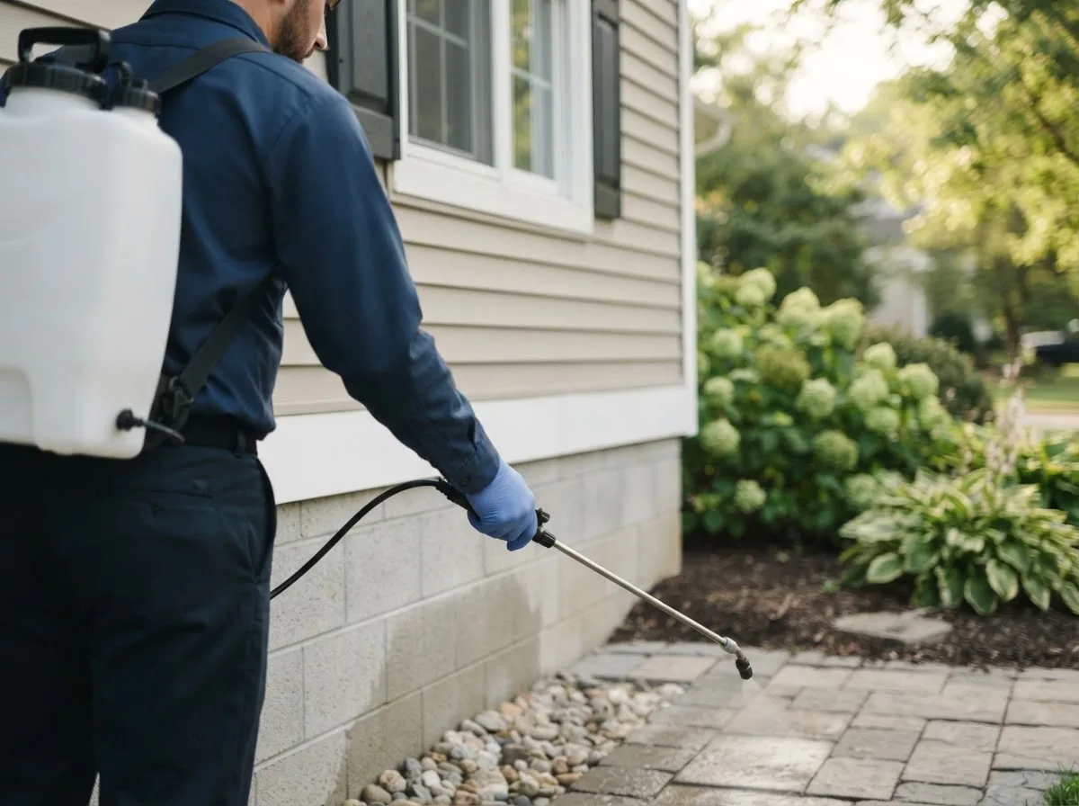 Pest control technician inspecting a home in Worthington, MO